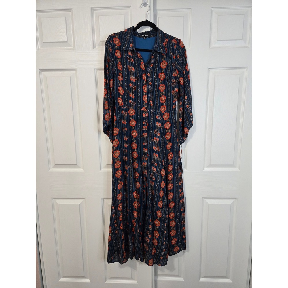 Lulus Floral Striped Maxi Dress Navy Blue Orange Button Front Slit JD7013 M